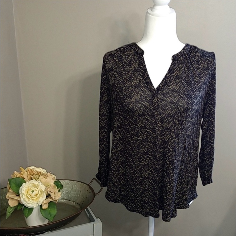 Lucky Brand Black Printed V-Neck Long Sleeve Blouse
